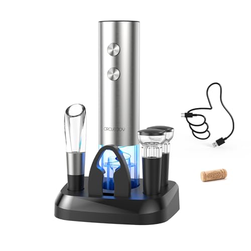 CIRCLE JOY Ouvre-bouteille électrique en acier inoxydable rechargeable automatique 6 en 1 - Cadeau idéal pour les amateurs de vin avec base de charge, coupe-capsule, aérateur de vin verseur et 2