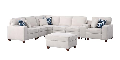 Image of Ball & Cast 127 inch L-Shaped Sectional Couch with Movable Ottoman&6 Throw Pillow,7 Seat Chenille Upholstered Sofa W /2 Cup Holder,USB Port&Hidden Storage Box,DIY Combination,for Livingroom,Apartment,Beige