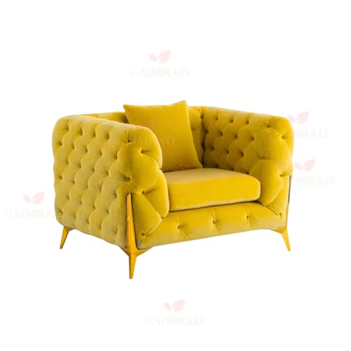 Image of 4 Seater Sofa Set Modern Classic Chesterfield Style Fabric Velvet with Pillows for Living Room, Bedroom and Office and Hallway Colour (3+1+OTTO Yellow FC)