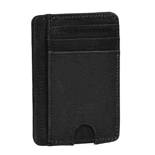 LEATHER VILLAGE Front Pocket Minimalist Leather Slim Wallet RFID Blocking Medium Size- Black