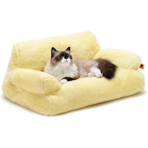 JourneyJolt ペットソファー 小型犬 中型犬 猫用ベッド ペットベッド クッション付き ペットマット 洗える 犬 猫用ソファー 滑り止め 多頭飼い対応 春夏秋冬 子犬 子猫 ペット用寝具 (66*48*33cm,バニーファーの黄色いソファ)