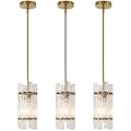 Modern Crystal Pendant Light for Kitchen Island, Gold Luxury Mini Water Ripple Glass Chandelier Lights Fixture, Modern Square Adjustable Hanging Pendant Lighting for Dining Room Bedroom (3-Pack)