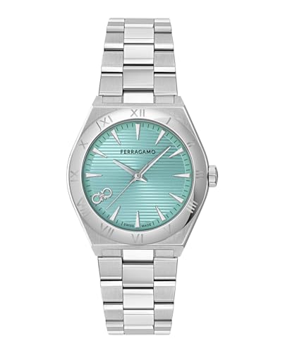 Ferragamo Vega Upper East Collection Luxury Womens Watch Timepieces with a Silver Bracelet Featuring a Stainless Steel Case and a Blue Dial