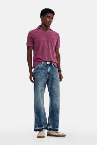 Image of SNITCH Men Flared Fit Jeans | Mid Rise Stone-Washed Denim with Raw Frayed Hem & 5-Pocket Design | 100% Cotton Woven Fabric for Casual & Everyday Wear