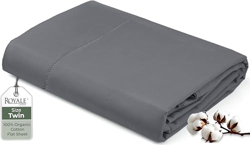 Image of Royale Linens 100% Organic Cotton Twin Flat Sheet Only - Super Soft - Percale Top Sheets - Twin Flat Sheet Sold Separately - Breathable, Cool & Crisp Grey Sheets Only (66 inch x 96 inch, Grey)