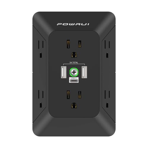 3 Sided Surge Protector Power Strip - POWRUI 6 Outlet Extender with 3 USB Charging Ports(1 USB C), Multi Plug Wall Adapter Outlet Splitter for Home Travel Office, Black
