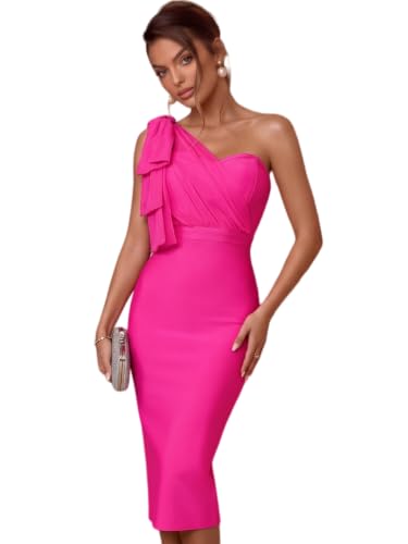 Image of houstil Women's One Shoulder Cocktail Bandage Dress Midi Party Mesh Bow Bodycon Wedding Guest Dresses