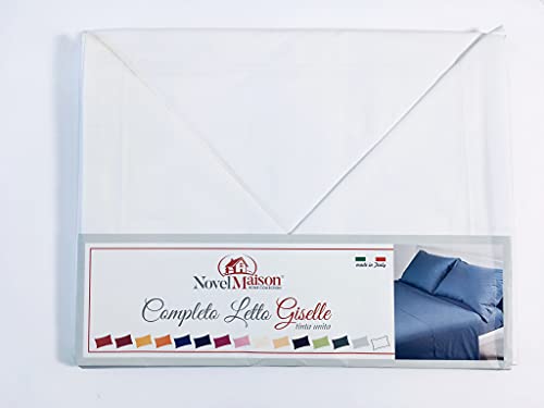 NOVEL MAISON Completo letto lenzuola sopra sotto e federe tinta unita 100% Cotone vari colori made in Italy (Bianco)