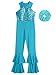Linjinx Kids Girls 70s Party Hippie Bell-Bottom Jumpsuit Sparkly Full Body Disco Dance Bodysuit and Hair Scrunchies Set Blue 7-8 Years
