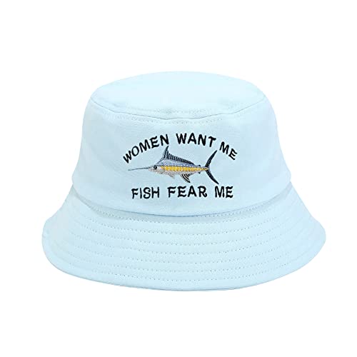 Enodtter Women Want Me Fish Fear Me Embroidered Bucket Hat Light Blue Embroidery Fisherman Cap Summer Travel Beach Sun Hat for Summer