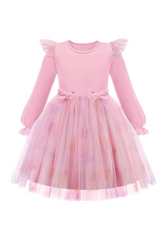 Image of Arshiner Toddler Girls Tulle Dresses with Bow Tie Fall Winter Long Sleeve Formal Party Dress 1-7 Y