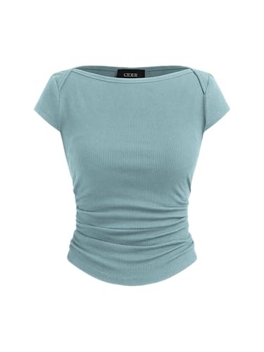 CIDER Boat Neck Tops for Women Boat Neck Short Sleeve Solid Ruched