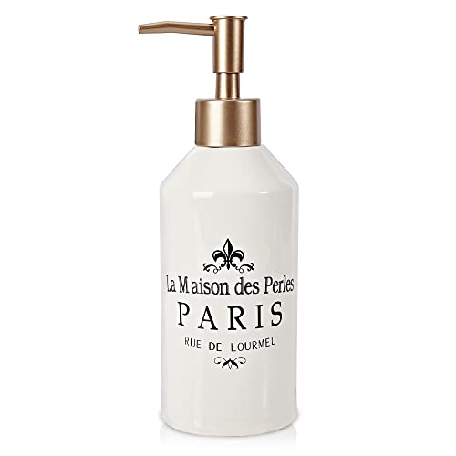 Distributeur de savon vintage avec lettrage noir, flacon de lotion polyvalent en céramique avec pompe dorée pour cuisine ou salle de bain, décoration rustique chic (Paris) Cover