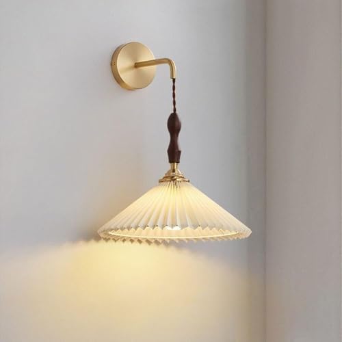 Aplique de pared vintage dorado con pantalla de tela plisada, lámpara de pared moderna de mediados de siglo, lámpara de pared de madera estilo granja, lámpara colgante, ideal para inquilinos, para dor