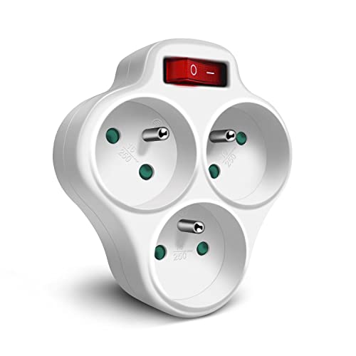 Extrastar Prises Électriques avec Interrupteur, Multiprise 3 en 1 Murale Fiche, Idéal pour Chambre Bureau Domicile, 16A, 230V, Blanc