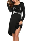 Hotouch Nightgown Women's Nightshirts Long Sleeve Sleep Shirts Cute Print Sleepwear Lightweight Black XL