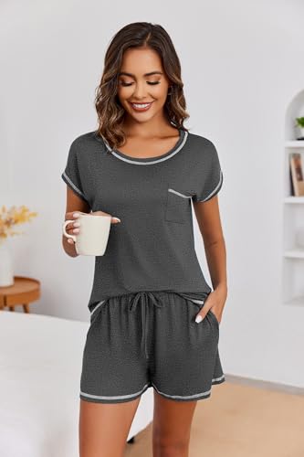 Image of Ekouaer Womens Pajama Sets 2 Piece Soft Short Sleeve Top and Shorts Sleepwear Round Neck Pjs Lounge Set with Pockets