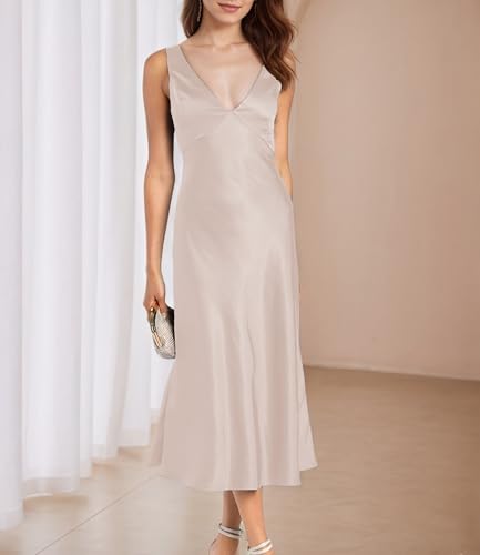 Image of Summer Satin V Neck Backless Midi Dresses for Women 2025 Silky A line Formal Low Back Sleeveless Wedding Guest Long Dress