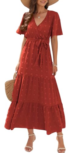 Wantonfy Sommerkleid Damen Freizeitkleider Elegant V Ausschnitt Strandkleid Midikleid Kurzarm A Linie Cocktailkleid