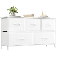 Somdot Chest of Drawers with 5 Drawers, Wide Storage Organiser Fabric Dresser for Living Room TV Stand Bedroom Closet Nursery Bedside Entryway Hallway, White Leather