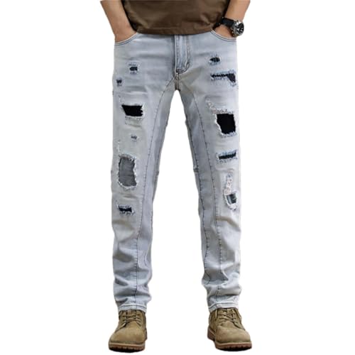 Men's Washed Wear Ripped Slim Fit Straight Ankle-Tied Vintage Casual Street Motorcycle Jeans