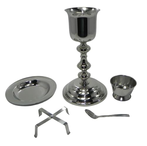 Image of Holy Chalice and Paten Set, Silver Finish, Complete Communion Set with Cup, Plate, Bowl, Spoon and Stand