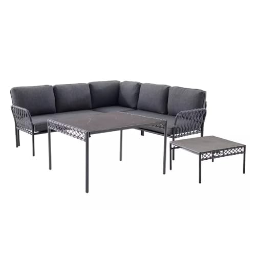 Image of DEVOKO Outdoor Rope 5 Seater L-Shape Sofa with Soft Washable Cushion & Glass Top Center Or Side Table for Garden, Pool, Patio, Backyard, Terrace (Grey)