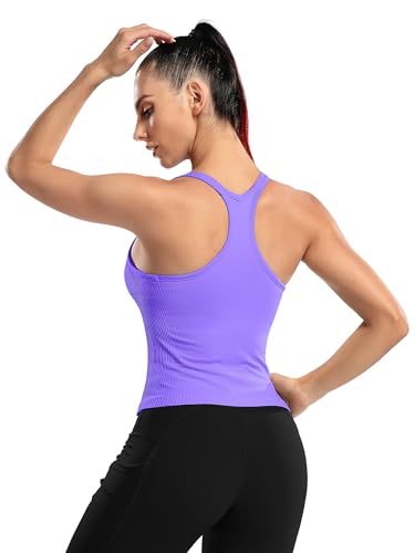 Image of ATTRACO Ribflex Ribbed Workout Crop Tops with Built in Bra for Women Yoga Racerback Tank Top Slim Fit