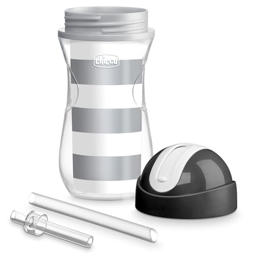 Image of Chicco Insulated Straw Sippy Cup 12+ Months, 9oz Toddler Training Cup with Spill-Free Flip-Top Lid, BPA-Free 2-Pack, Black /White /Silver