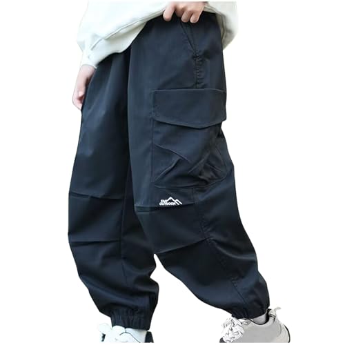 Boys Cargo Pants Outdoor Elastic Waist Trouser with Multi Pockets Trendy Solid Color School Pants for Boys 6-16 Years