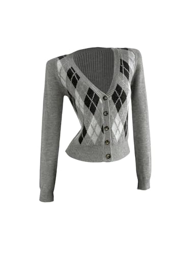 SweatyRocks Womens Cardigan Sweaters Fall Long Sleeve Argyle Sweater V Neck Button Up Cardigans Grey Medium
