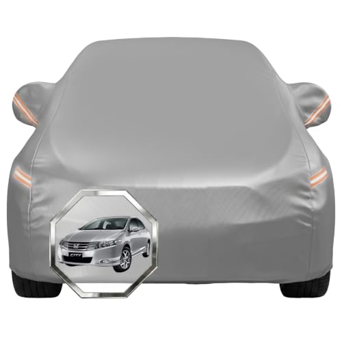 Image of Pivalo Car Cover for Honda City i-VTEC All Model & Years with Mirror Pocket 100% Waterproof Triple Stitched Bottom Elastic Dust, Heat & UV Resistant Full Body Protection (Grey with Highlighter)