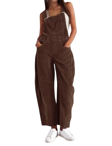 AMEBELLE Corduroy Overalls for Women Barrel Wide Leg Bib Corduroy Pants Women Adjustable Romper Jumpsuit with Pockets(3007-Brown-L)