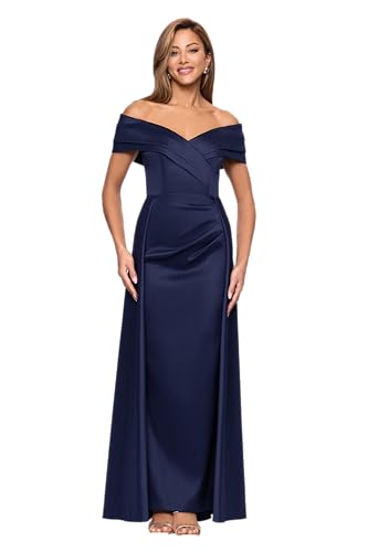 Xscape Women's Stretch Mikado Off The Shoulder Pleated Ruched Floor Length Dress, Navy, 4 : Clothing, Shoes & Jewelry