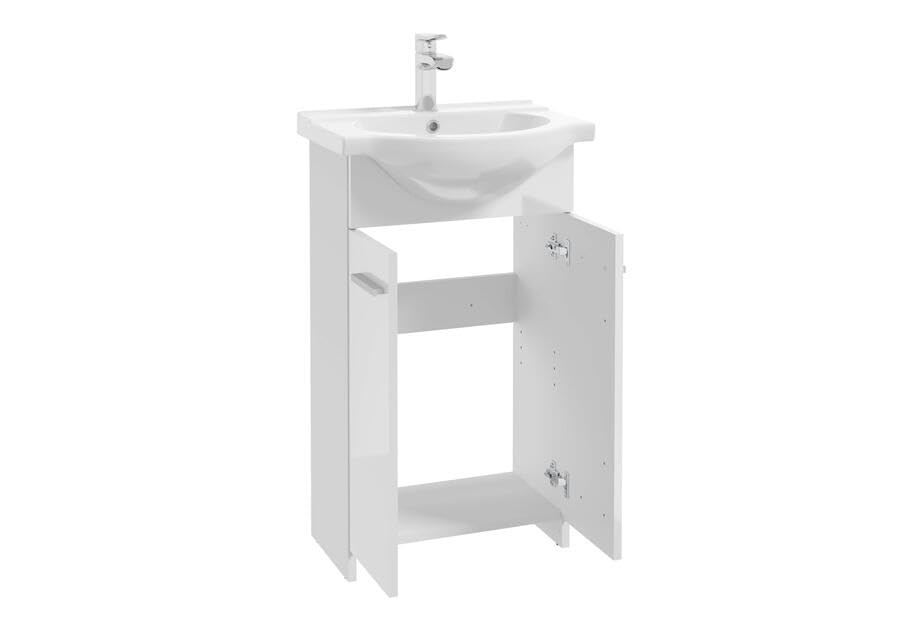 .Deftrans Domodomo Badezimmerschrank mit Waschbecken, 85 x 45 x 26 cm weißer Waschbeckenschrank, Keramik Waschbecken Set, Standschrank für kleines Bad