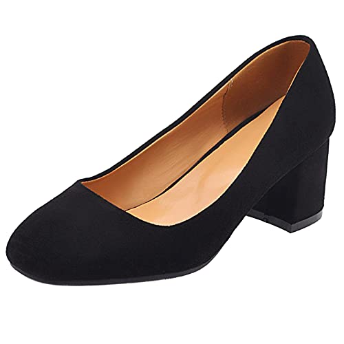 Zapatos de Oficina Mujer, Zapatos Tacón Ancho Casual Zapatos de Vestir Tacón Medio Punta Quadrada Negro Talla 34 EU