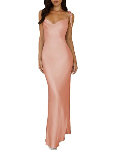 UEZOU 2026 Satin Cowl Neck Spaghetti Strap Slip Maxi Dress for Women Tie Strap Formal Wedding Guest Dresses with Slit, Rose, S