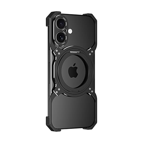IPhone 17 / 17Air / 17Pro / 17ProMax 用 メタルアームケース 航空アルミ合金バンパー 360度回転スタンド付き 耐衝撃 ミリタリーグレード ドロップ保護 軽量 放熱設計(Black silver,17)