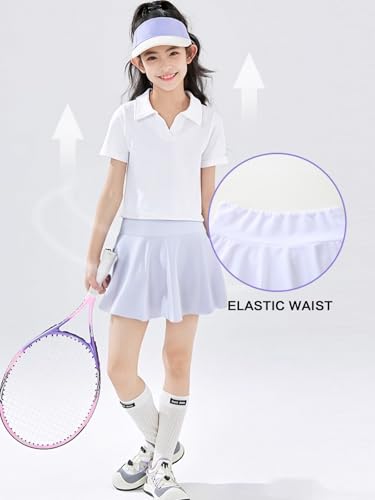 2 Pack Girls Tennis Shorts with Pockets 2 in 1 Elastic Athletic Skorts for Toddler Kids Golf Skirt 7-9 Years Black/White3