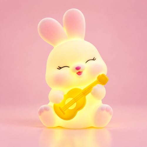 Image of Cute Bunny Night Light Lamp Battery Operated Table and Desk Decorations Gift Pandas (Guitar Bunny)