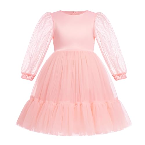 Vestido de niña de malla de manga larga con lunares y volantes de tul para fiesta