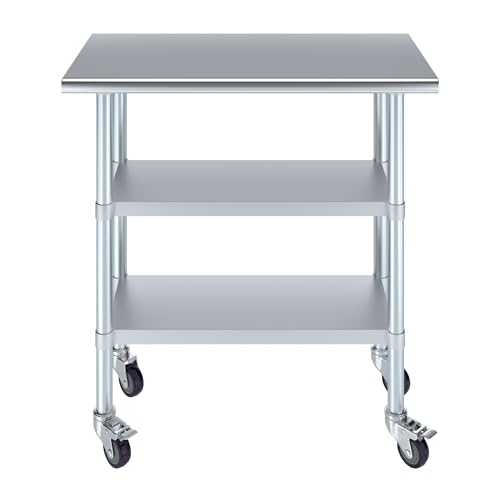 Image of AmGood Stainless Steel Work Table with 2 Shelves and Casters | Metal Utility Table On Wheels (Stainless Steel Work Table with 2 Shelves + Casters, 36 inch Long x 18 inch Deep)