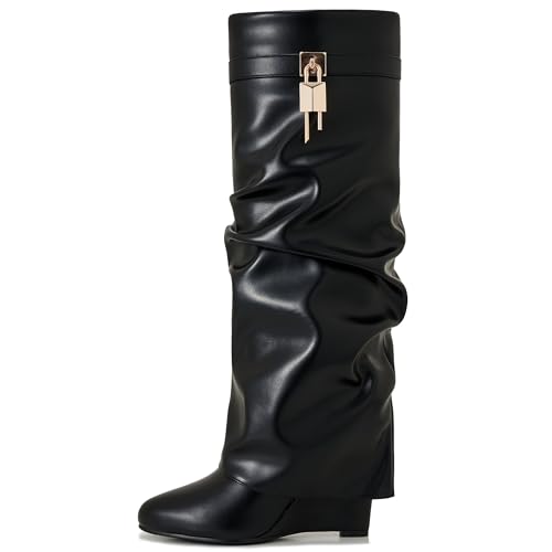 Image of Fold Over Knee High Boots for Women Pointy Pull-on Wedge Heel Knee Shark Boot With Side Zipper Covered Wedge Heel Padlock Boot