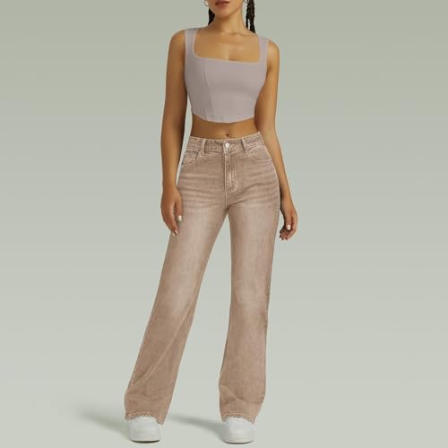 KIKX0DE Womens High Waisted Jeans Baggy Boyfriend Elastic Waist Stretchy Jeans Straight Leg Denim Pants2