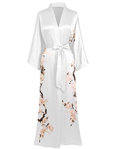 BABEYOND Bata para mujer, kimono, flores y ramas, estampada, maxi largo, para mujer, albornoz con flores de pera, chaqueta de playa, novia, bata de dormir, Blanco, talla única grande