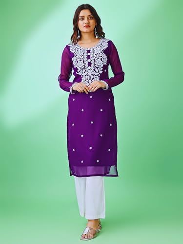 Image of HESVI Women's Georgette White Lakhnavi Chikankari Kurti with Intricate Embroidery Work