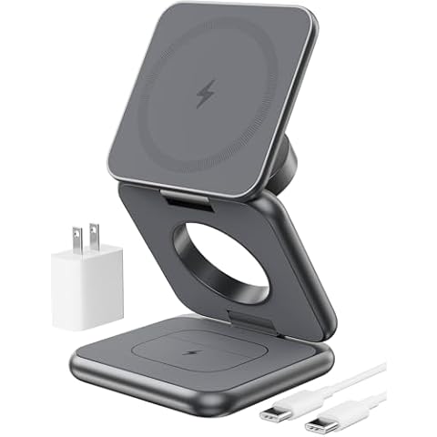 KU XIU Foldable Magnetic Wireless Charger, X40 Aluminum Alloy 3 in 1 Charging Station for Apple, Fast Mag-Safe Charger Stand for iPhone 16 15 14 13 12 Series, 5W for iWatch, AirPods 3/2/Pro, Gray Cover