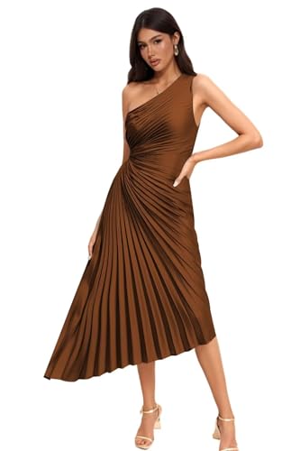 SEIM One Shoulder Pleated Bridesmaid Dresses for Women 2025 Long Satin Formal Evening Dress Brown