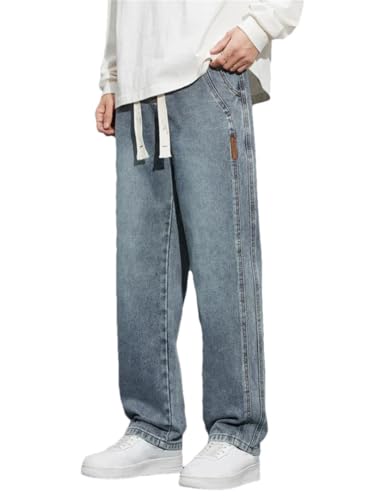 Men Drawstring Elastic Waist Loose Fit Cargo Denim Pants Wide Leg Trousers Fall-Winter Male Baggy Staight Jeans