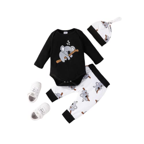 Saeevima Baby Jungen 3tlg Kleidungs Set Langarm Runden Hals Pullover Buchstaben Druck Body Strampler Elastiziert Taillieren Hosen Mit Hut 0-18 Monate Kinder Weiche Warme Babyset (Schwarz, 6-9 Months)